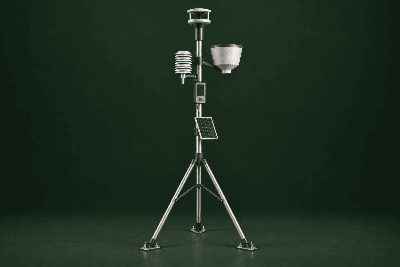 Concept illustration of a ground-anchored tripod weather station with ultrasonic wind sensor, rainfall collector, solar panel and display; final design may differ