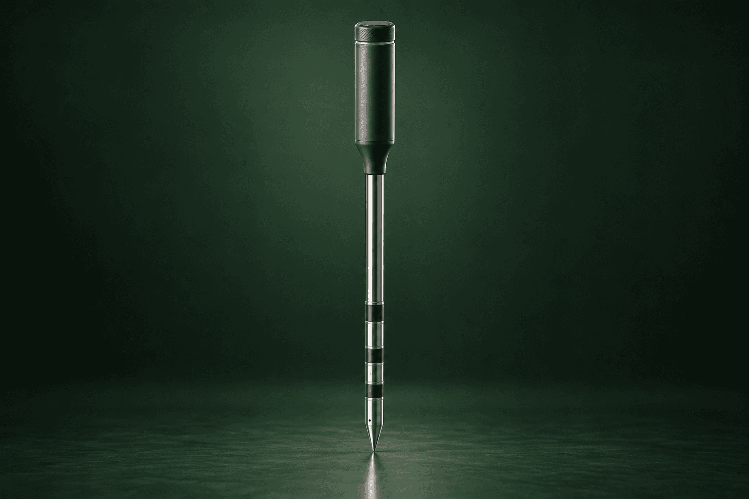 Concept illustration of a slender handheld soil probe with an integrated dark head and green status ring; final design may differ